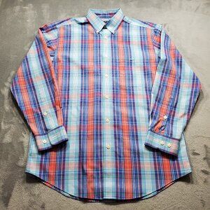 Orvis Button Down Dress Plaid Shirt Wrinkle Free Salmon Dark Blue White Men Sz M